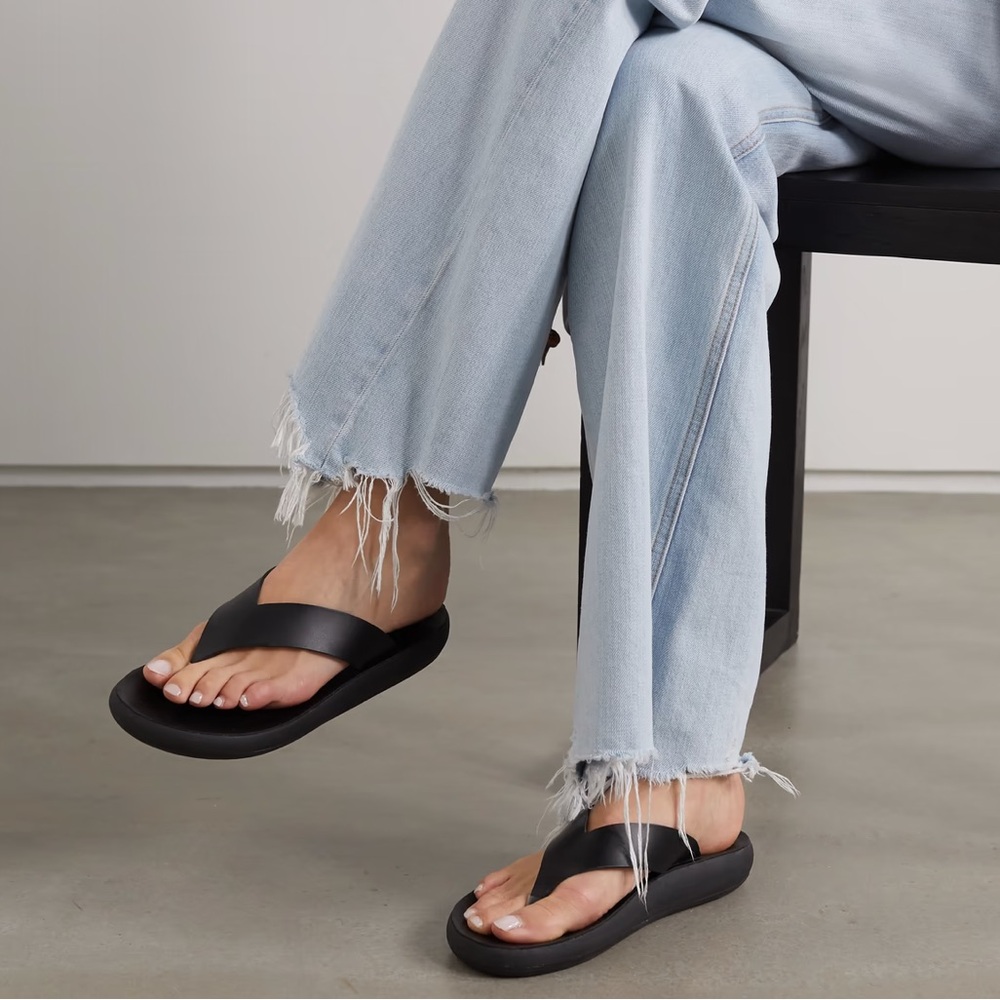 Ancient Greek Sandals Black Minimalist Leather Thong Sandals